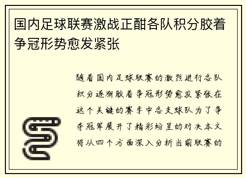 国内足球联赛激战正酣各队积分胶着争冠形势愈发紧张