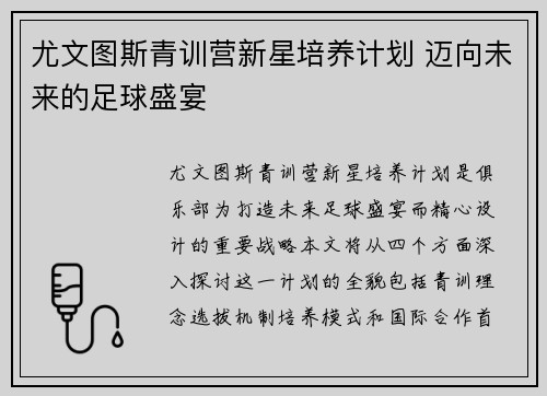 尤文图斯青训营新星培养计划 迈向未来的足球盛宴