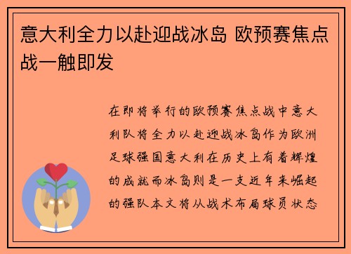意大利全力以赴迎战冰岛 欧预赛焦点战一触即发