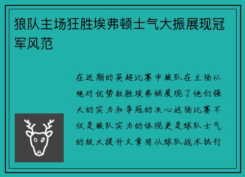 狼队主场狂胜埃弗顿士气大振展现冠军风范