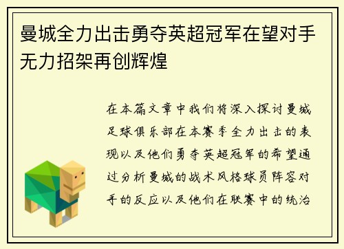 曼城全力出击勇夺英超冠军在望对手无力招架再创辉煌