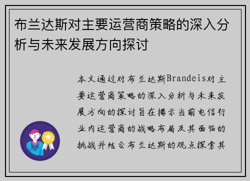 布兰达斯对主要运营商策略的深入分析与未来发展方向探讨