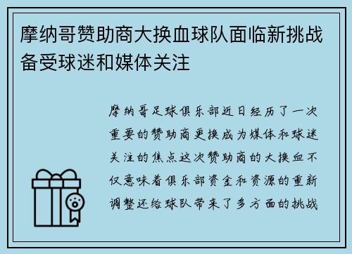 摩纳哥赞助商大换血球队面临新挑战备受球迷和媒体关注