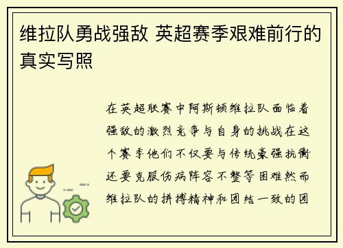 维拉队勇战强敌 英超赛季艰难前行的真实写照