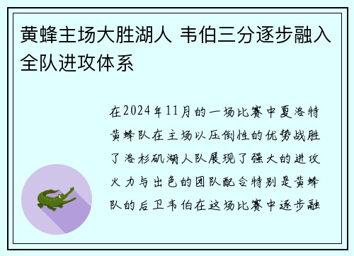 黄蜂主场大胜湖人 韦伯三分逐步融入全队进攻体系