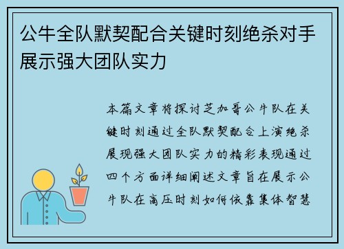 公牛全队默契配合关键时刻绝杀对手展示强大团队实力