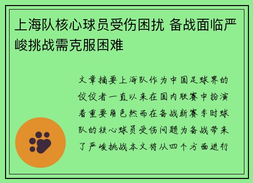 上海队核心球员受伤困扰 备战面临严峻挑战需克服困难