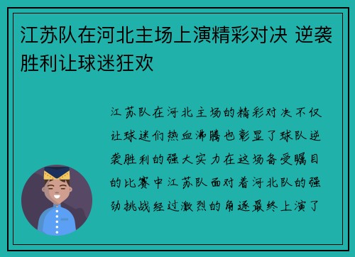 江苏队在河北主场上演精彩对决 逆袭胜利让球迷狂欢