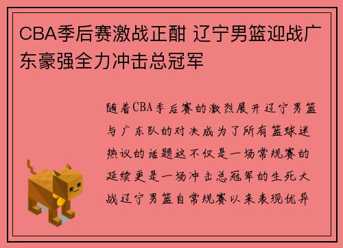 CBA季后赛激战正酣 辽宁男篮迎战广东豪强全力冲击总冠军